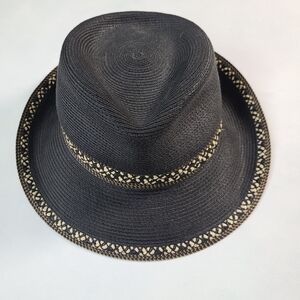 Eric Javits Black Straw Fedora Style SPF Sun Hat Neutral Colors Small